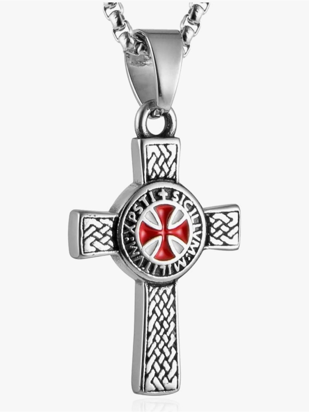 Men's/Women's Sterling Silver Cross Pendant Necklace w/ Red Maltese Cross Accent